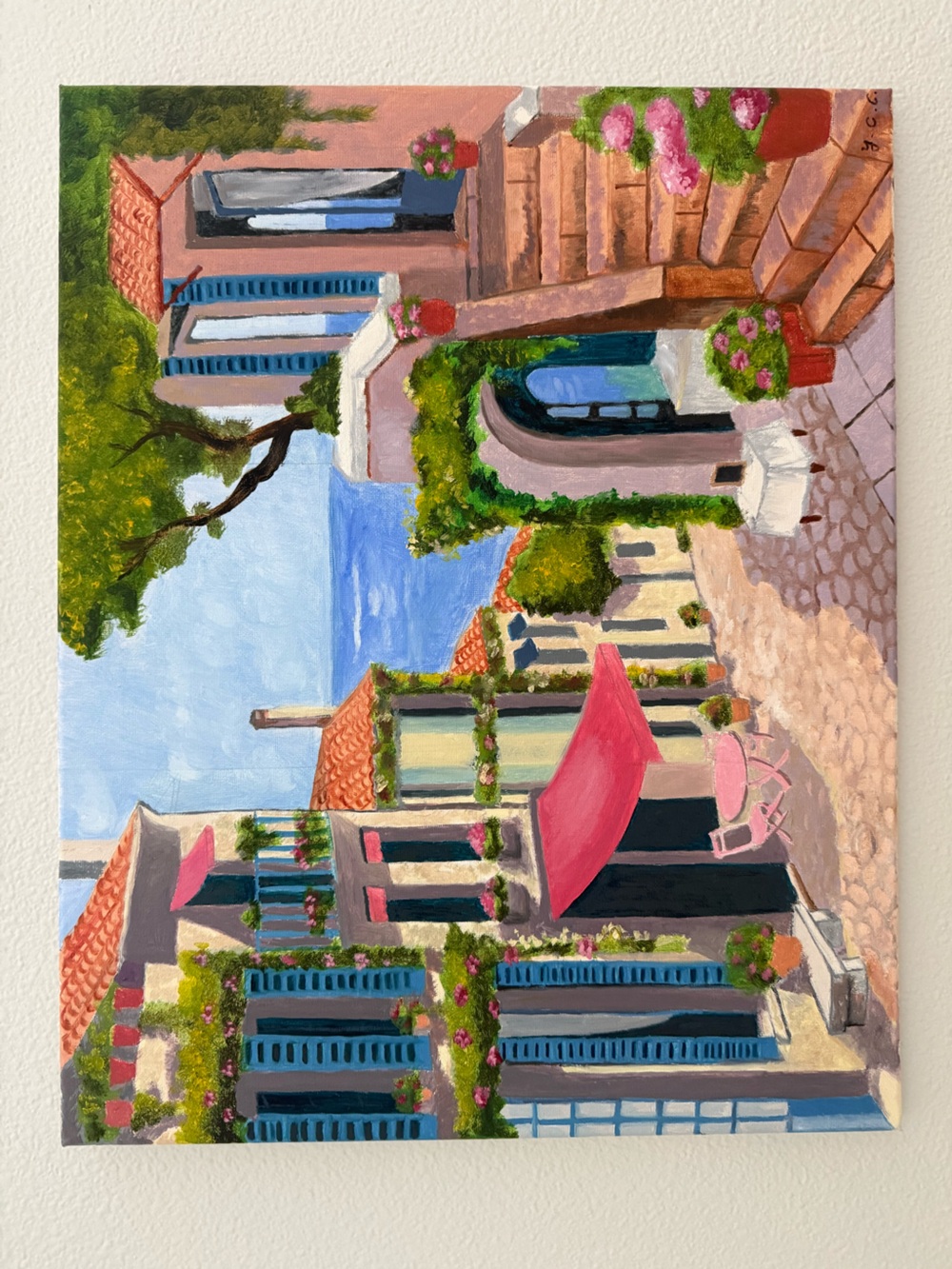Original Oil Painting – Mediterranean Seaside Village 20” x 16”